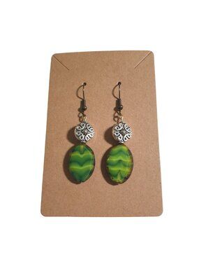 Green Glass Beaded Dangle Earring Silver Tone Vintage Hook Handmade 2.25 In Gift